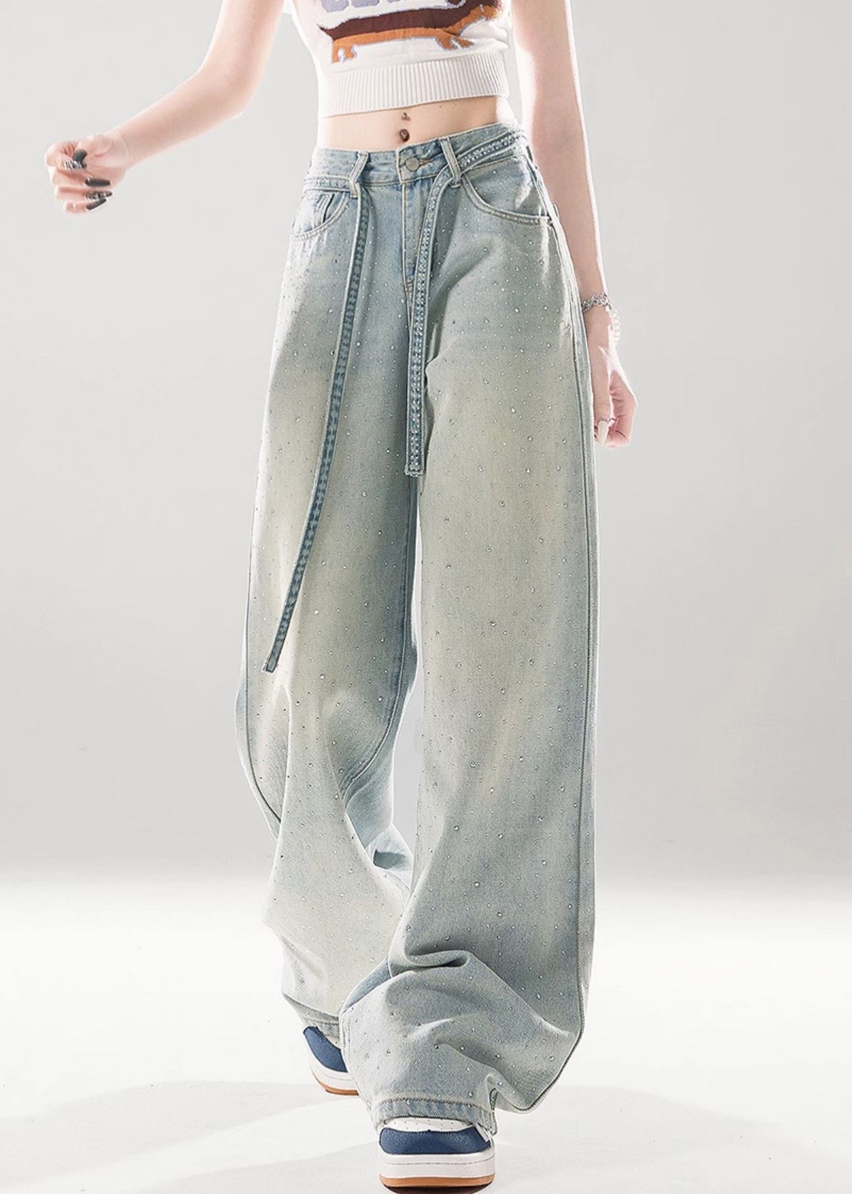 Light Blue Gradient Color Pockets High Waist Denim Pants Zircon
