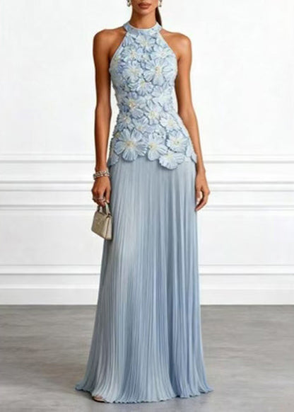 Light Blue Holiday Dress Halter Stereoscopic Floral Wrinkled Sleeveless