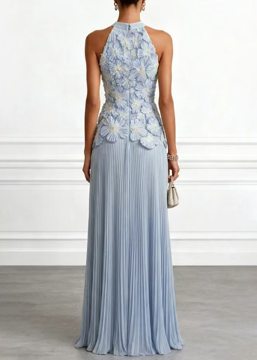 Light Blue Holiday Dress Halter Stereoscopic Floral Wrinkled Sleeveless