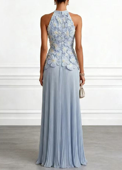 Light Blue Holiday Dress Halter Stereoscopic Floral Wrinkled Sleeveless