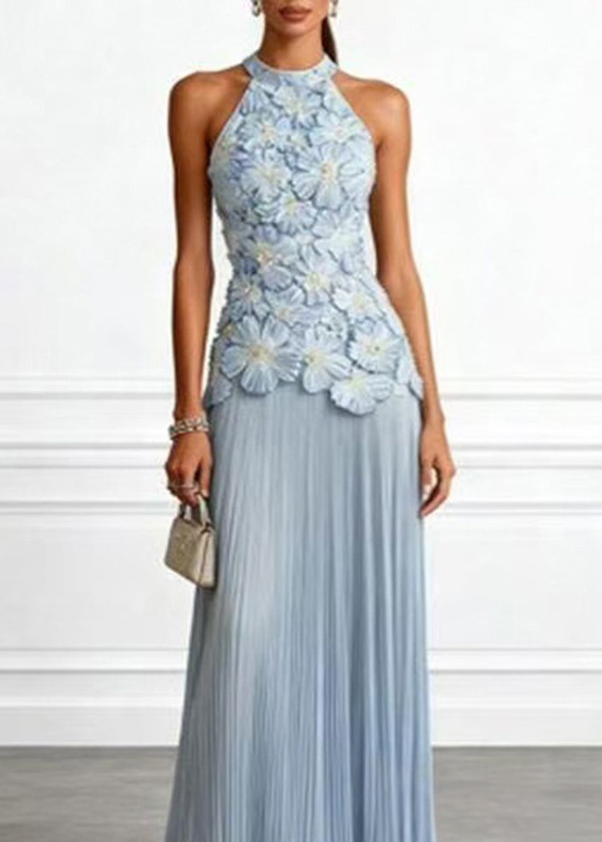 Light Blue Holiday Dress Halter Stereoscopic Floral Wrinkled Sleeveless