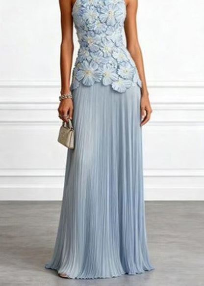 Light Blue Holiday Dress Halter Stereoscopic Floral Wrinkled Sleeveless