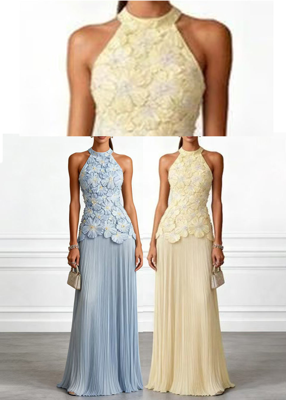 Light Blue Holiday Dress Halter Stereoscopic Floral Wrinkled Sleeveless