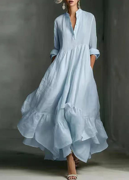 Light Blue Long Dress V Neck Asymmetrical Exra Large Hem Bracelet Sleeve