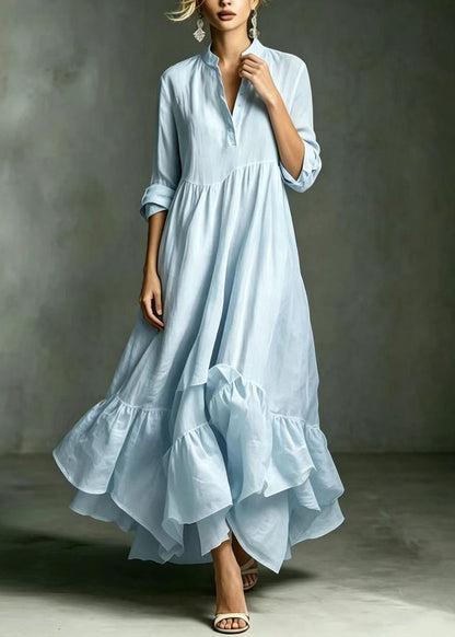 Light Blue Long Dress V Neck Asymmetrical Exra Large Hem Bracelet Sleeve