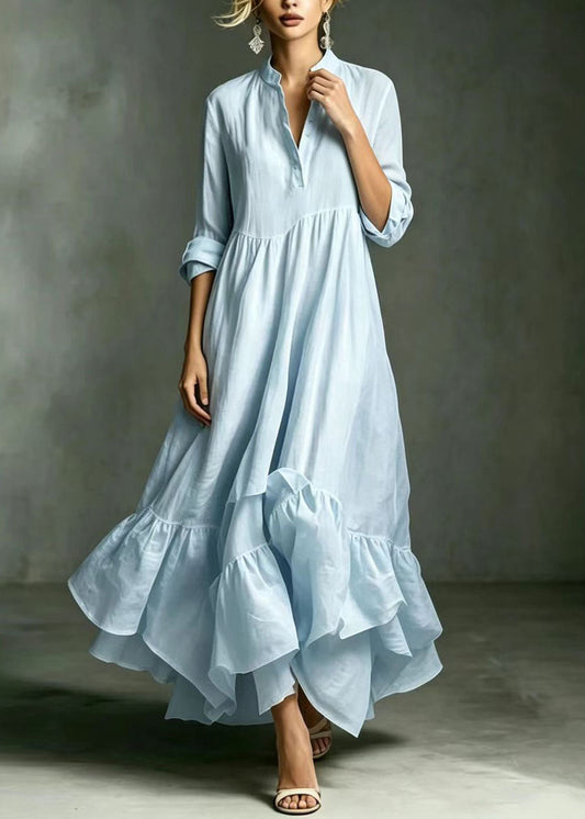 Light Blue Long Dress V Neck Asymmetrical Exra Large Hem Bracelet Sleeve