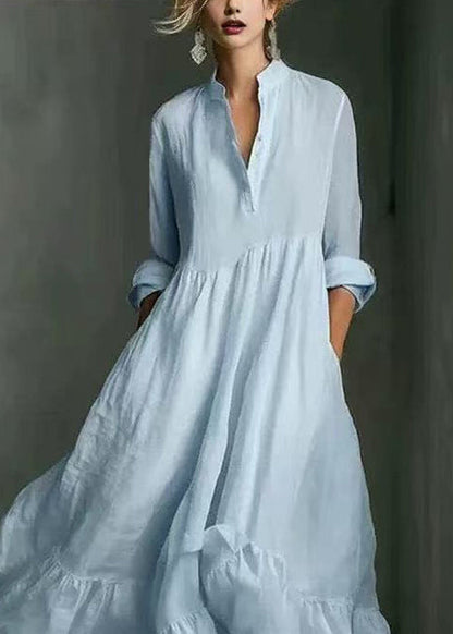 Light Blue Long Dress V Neck Asymmetrical Exra Large Hem Bracelet Sleeve