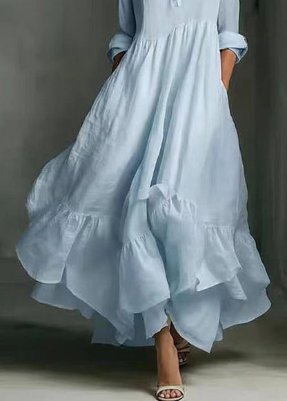 Light Blue Long Dress V Neck Asymmetrical Exra Large Hem Bracelet Sleeve