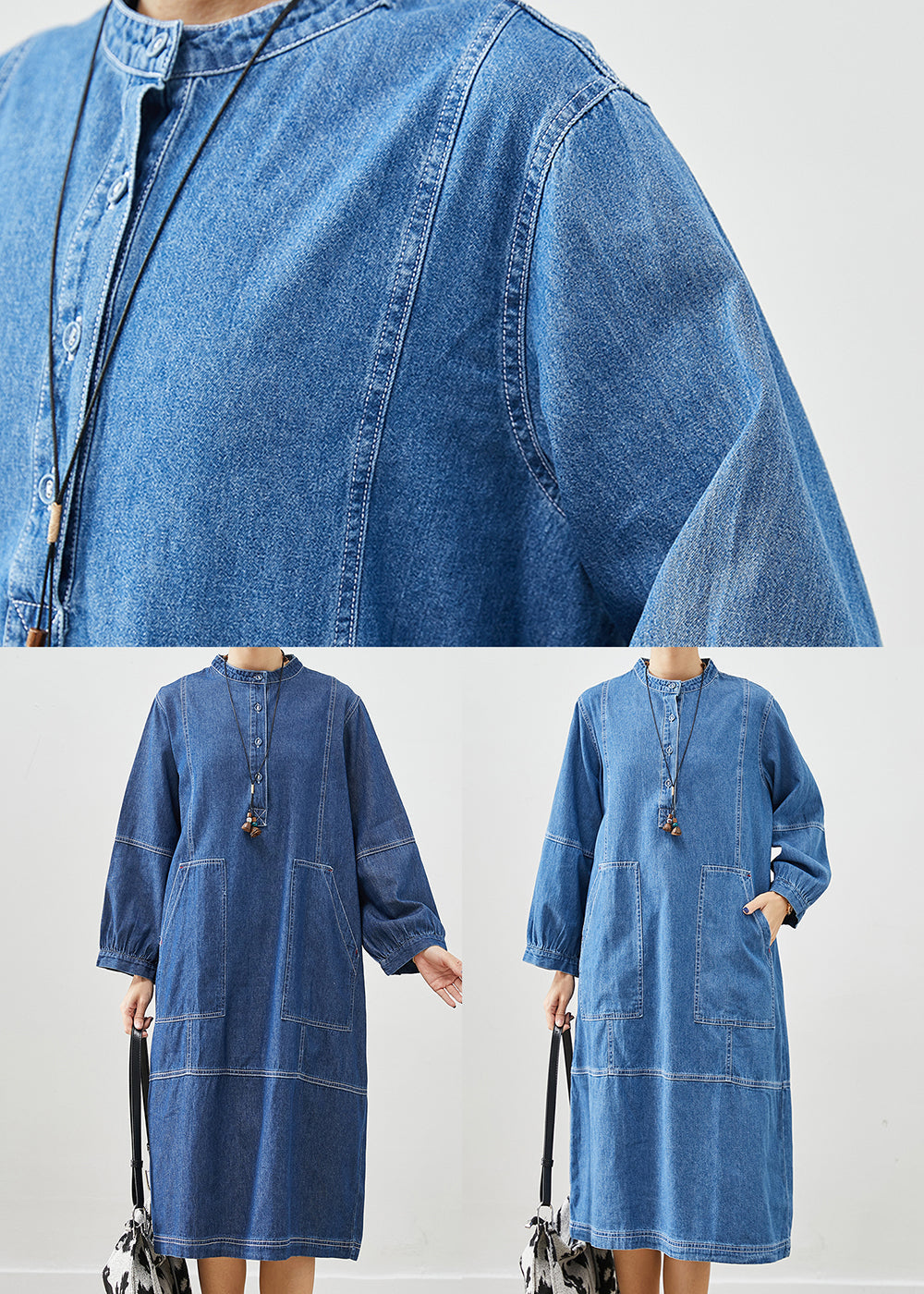Light Blue Loose Cotton Mid Dress Stand Collar Pockets Fall