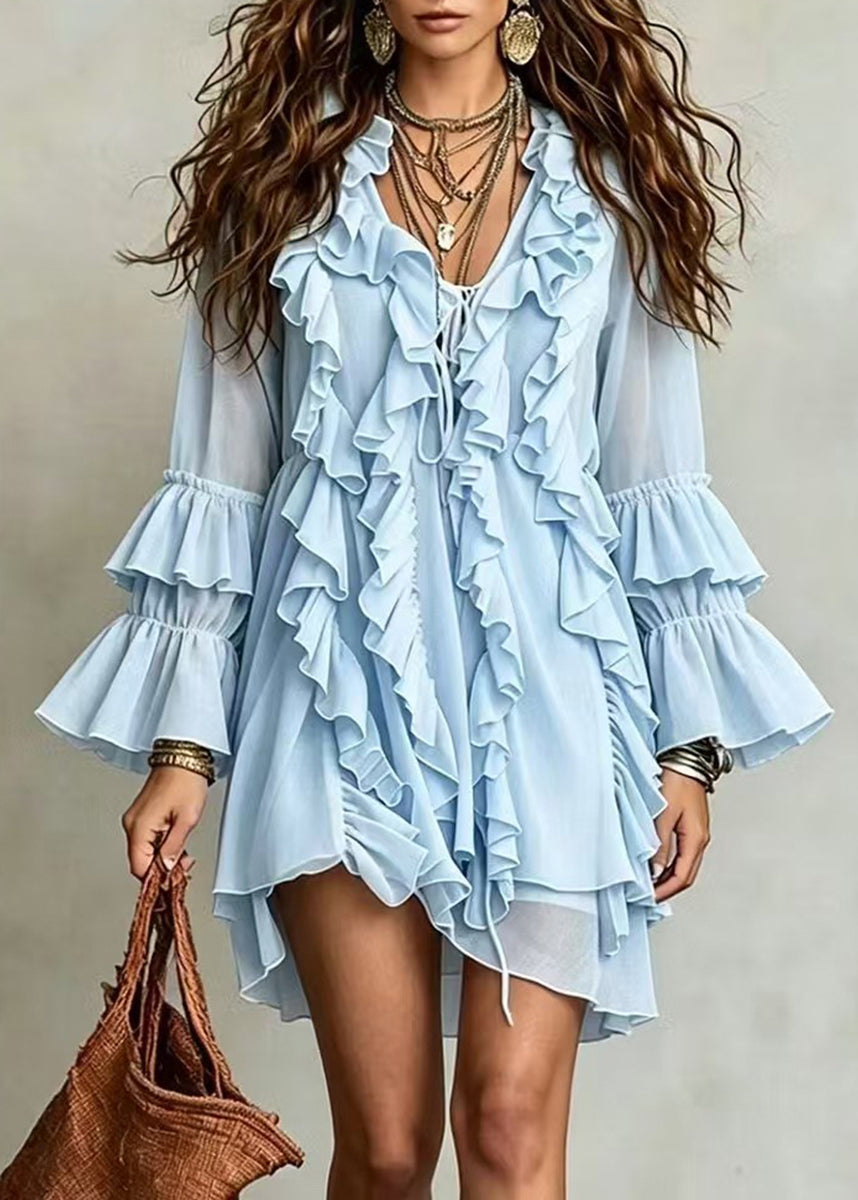 Light Blue Mini Dress V Neck Ruffled Lace Up Fall