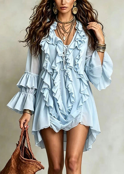 Light Blue Mini Dress V Neck Ruffled Lace Up Fall
