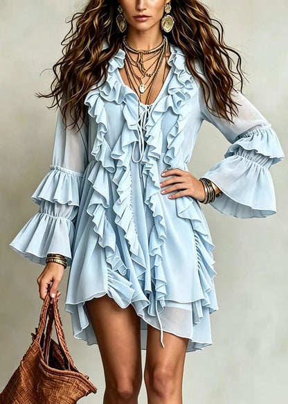 Light Blue Mini Dress V Neck Ruffled Lace Up Fall
