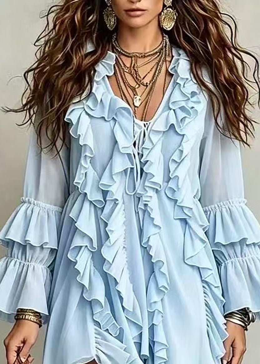 Light Blue Mini Dress V Neck Ruffled Lace Up Fall