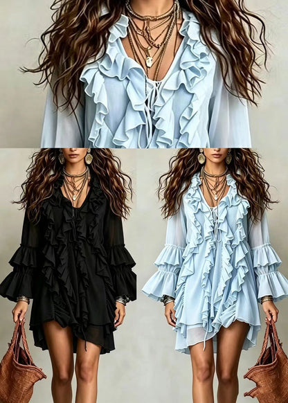 Light Blue Mini Dress V Neck Ruffled Lace Up Fall