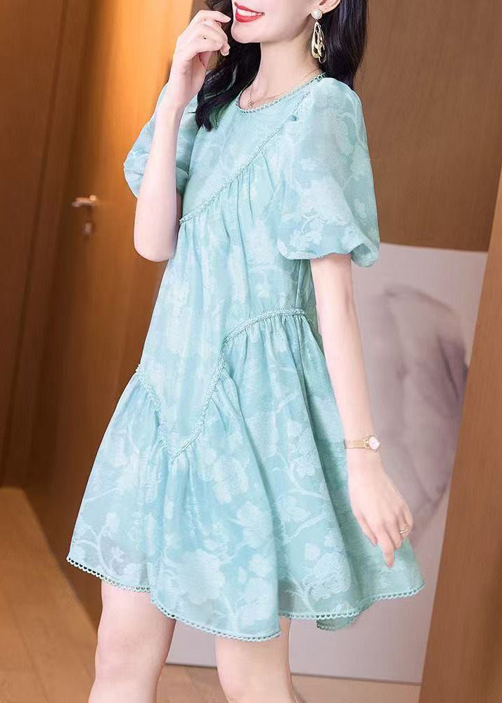 Light Blue O-Neck Wrinkled Mid Dress Puff Sleeve