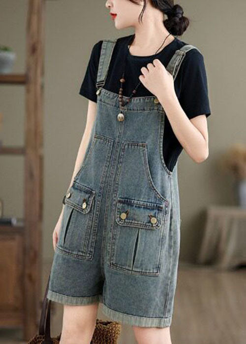 Light Blue Patchwork Denim Jumpsuit Pockets Summer