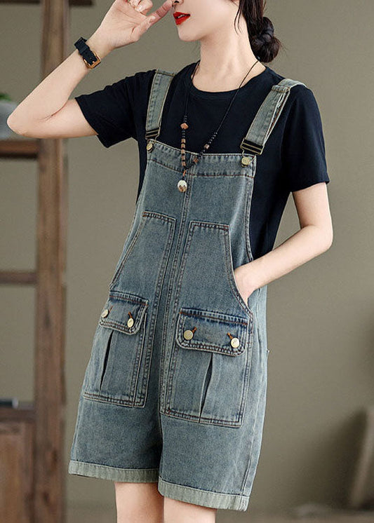 Light Blue Patchwork Denim Jumpsuit Pockets Summer