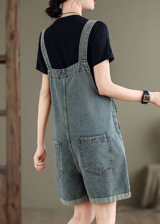 Light Blue Patchwork Denim Jumpsuit Pockets Summer