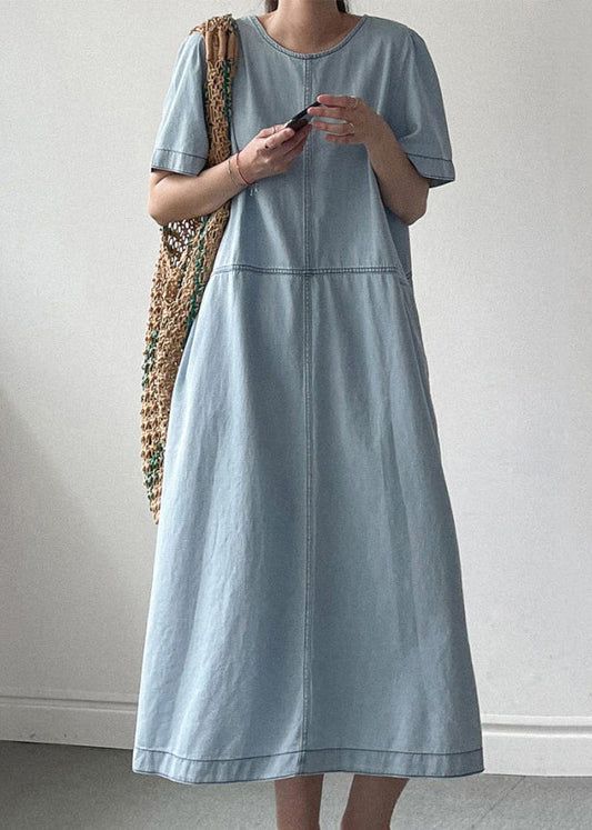 Light Blue Pockets High Waist Denim Long Dresses O Neck