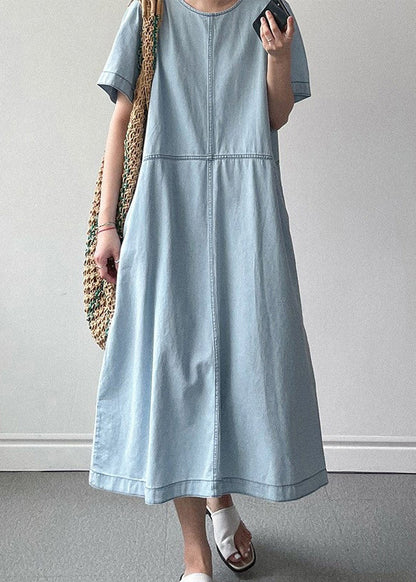 Light Blue Pockets High Waist Denim Long Dresses O Neck