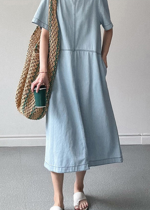 Light Blue Pockets High Waist Denim Long Dresses O Neck