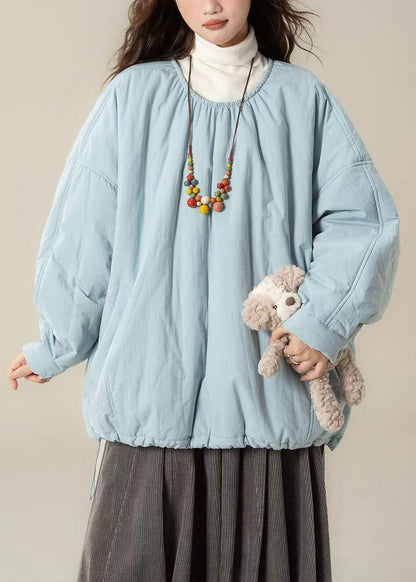 Light Blue Pockets Oversized Cotton Filled Winter Parkas O Neck