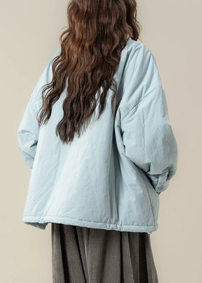 Light Blue Pockets Oversized Cotton Filled Winter Parkas O Neck