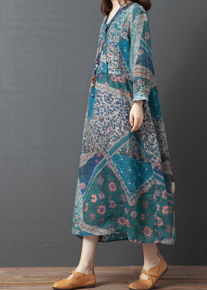 Light Blue Print Loose Linen Long Dress Cinched Long Sleeve