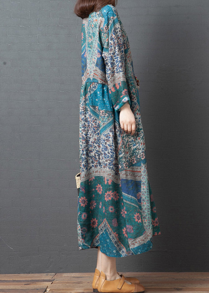 Light Blue Print Loose Linen Long Dress Cinched Long Sleeve