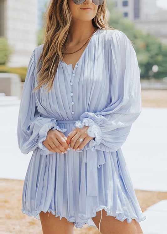 Light Blue Tie Waist Mid Dress Lantern Sleeve
