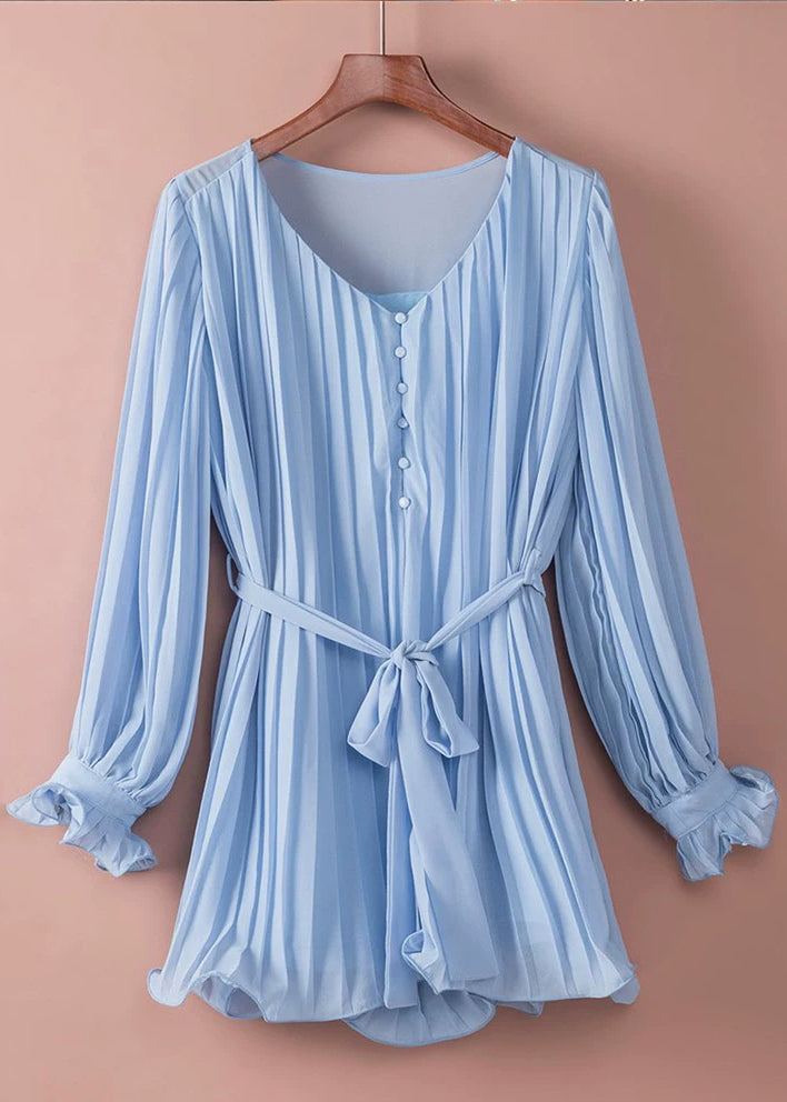 Light Blue Tie Waist Mid Dress Lantern Sleeve