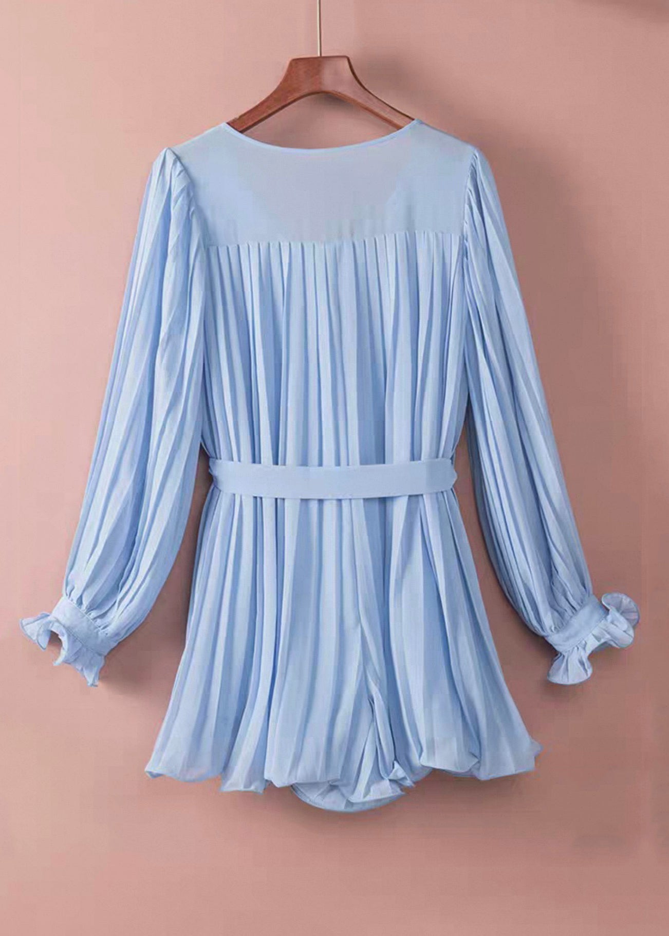 Light Blue Tie Waist Mid Dress Lantern Sleeve