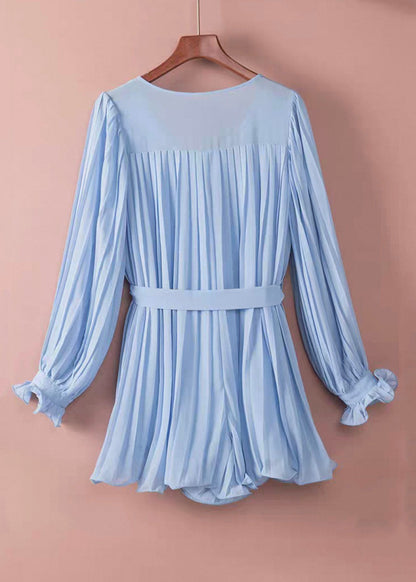 Light Blue Tie Waist Mid Dress Lantern Sleeve