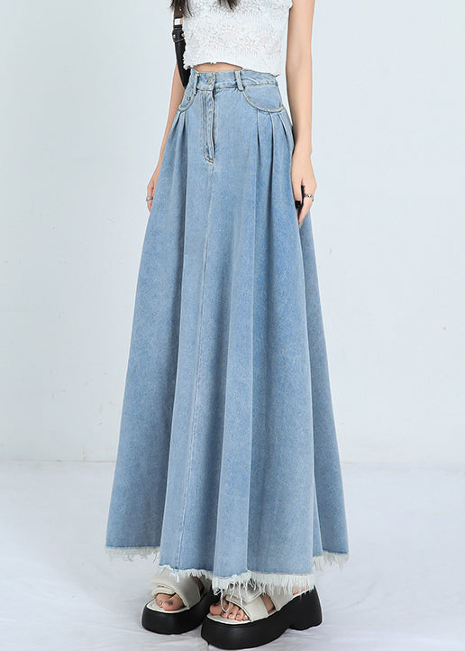 Light Blue Wrinkled Pockets Denim Skirt High Waist