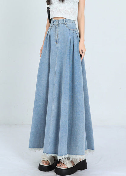 Light Blue Wrinkled Pockets Denim Skirt High Waist