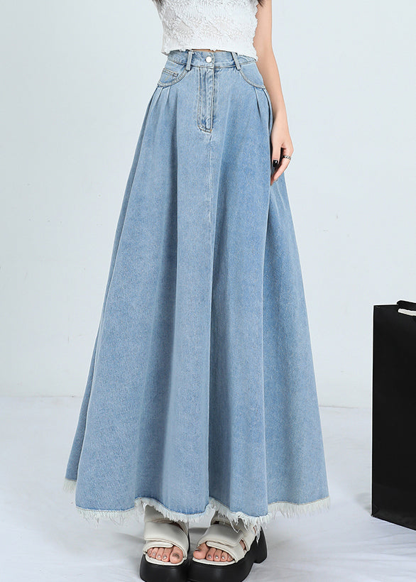 Light Blue Wrinkled Pockets Denim Skirt High Waist