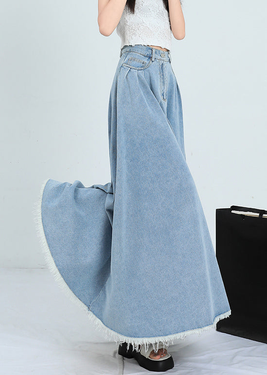 Light Blue Wrinkled Pockets Denim Skirt High Waist