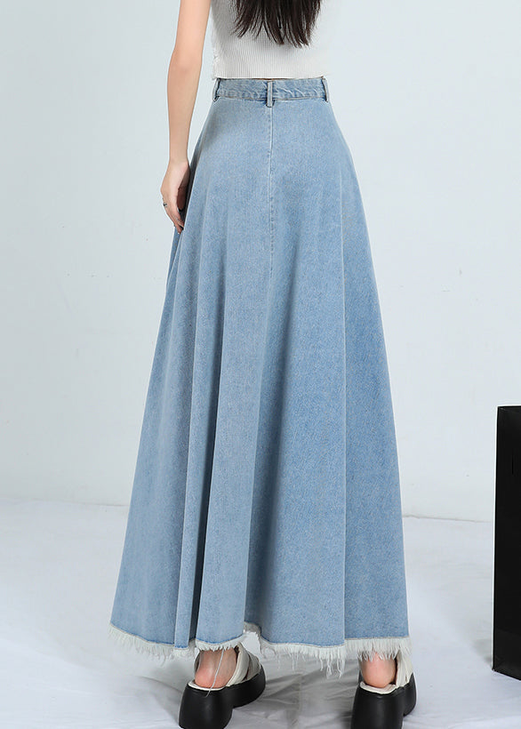 Light Blue Wrinkled Pockets Denim Skirt High Waist