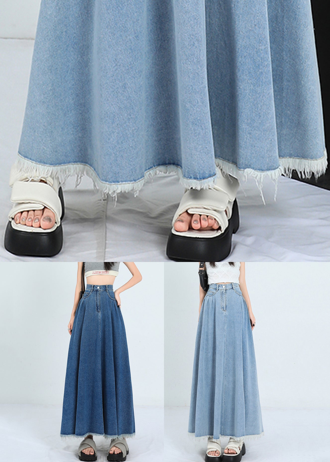 Light Blue Wrinkled Pockets Denim Skirt High Waist