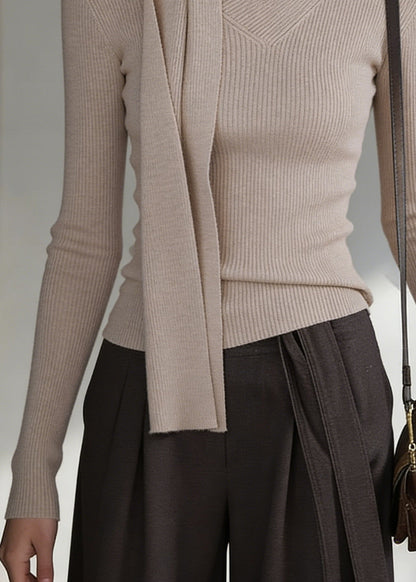 Light Camel Cozy Solid Knit Sweater Bow