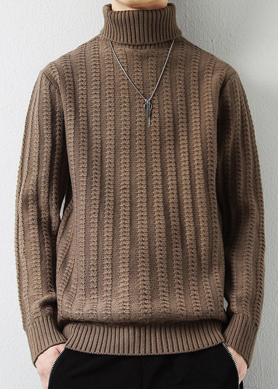Light Camel Solid Cotton Knit Men Sweaters Pullover Turtleneck