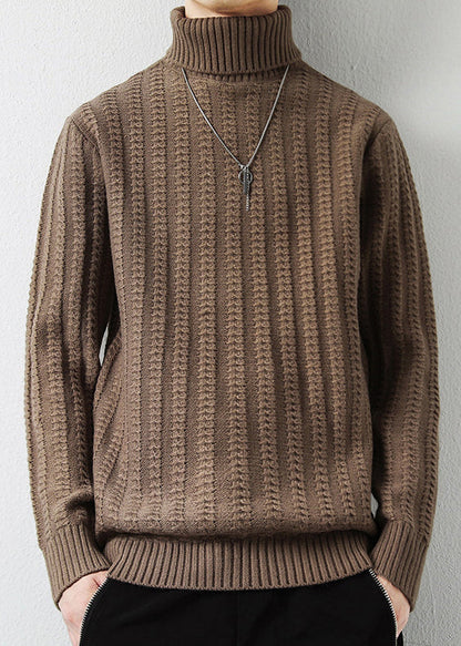 Light Camel Solid Cotton Knit Men Sweaters Pullover Turtleneck