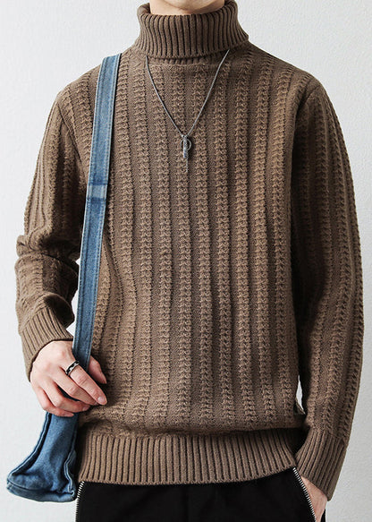 Light Camel Solid Cotton Knit Men Sweaters Pullover Turtleneck