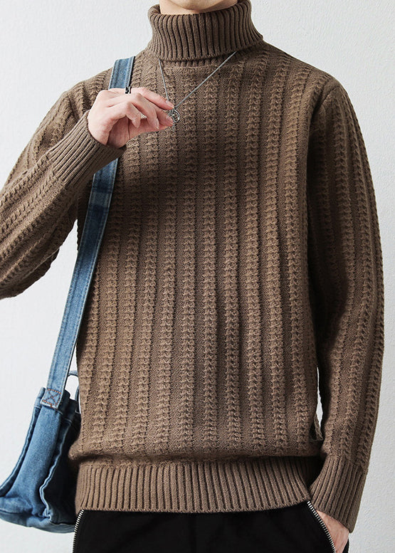 Light Camel Solid Cotton Knit Men Sweaters Pullover Turtleneck