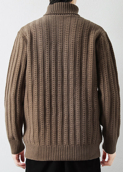 Light Camel Solid Cotton Knit Men Sweaters Pullover Turtleneck