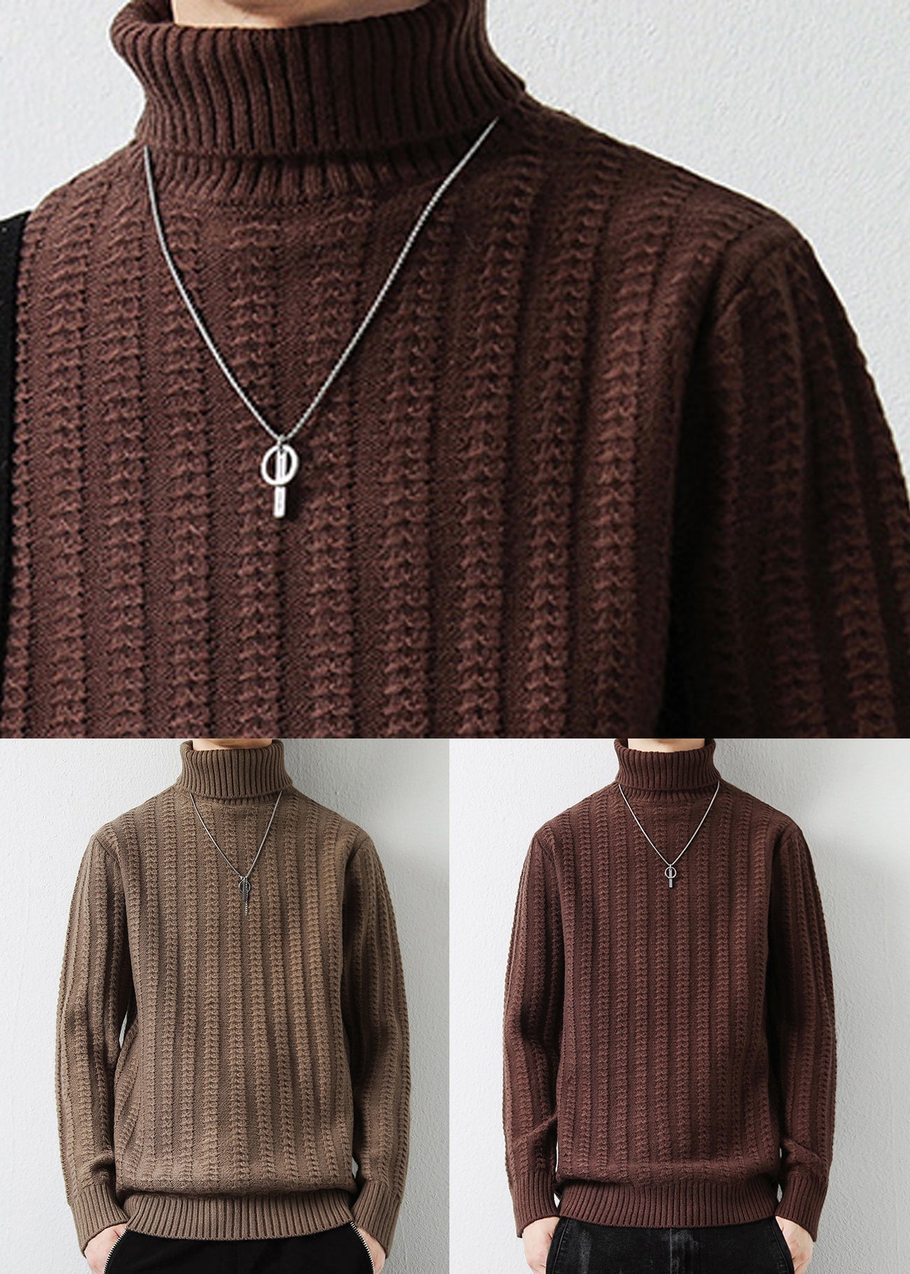 Light Camel Solid Cotton Knit Men Sweaters Pullover Turtleneck