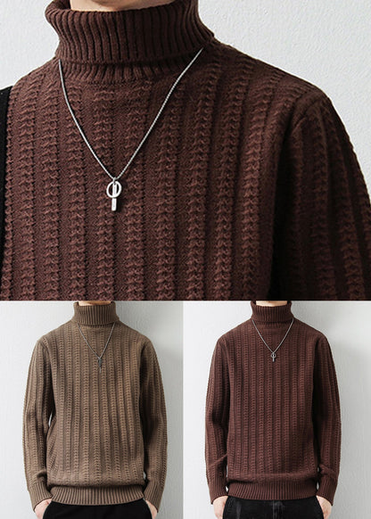 Light Camel Solid Cotton Knit Men Sweaters Pullover Turtleneck