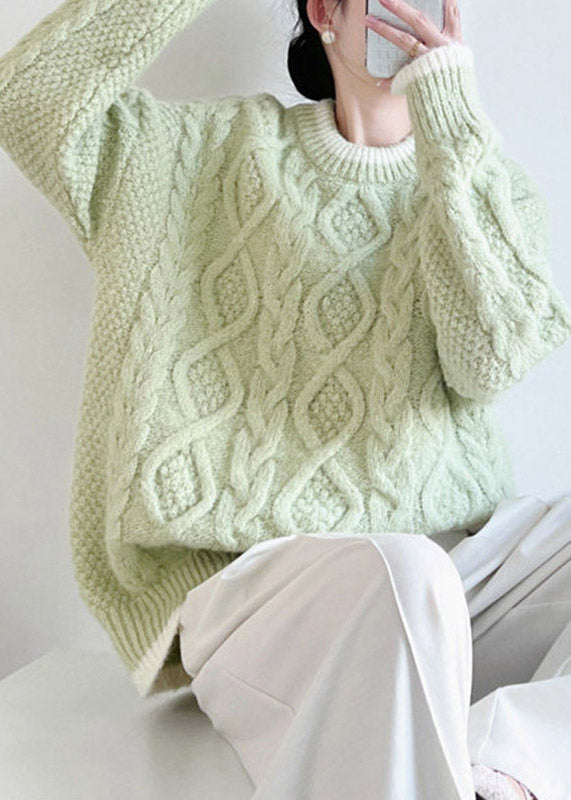 Light Green Cable Solid Cotton Knit Sweater Long Sleeve
