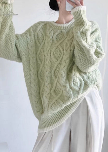 Light Green Cable Solid Cotton Knit Sweater Long Sleeve