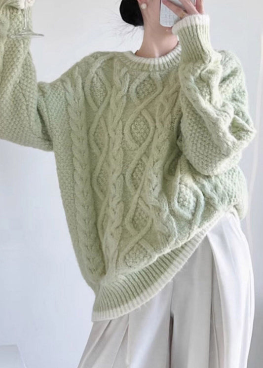 Light Green Cable Solid Cotton Knit Sweater Long Sleeve